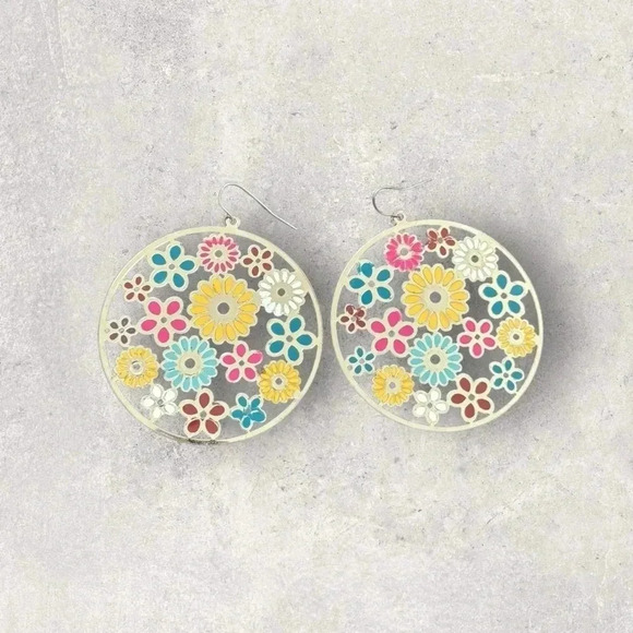 2” EARRINGS ROUND GOLD TIN W/ Multicolored FLORAL PRINT DROP - Picture 2 of 4